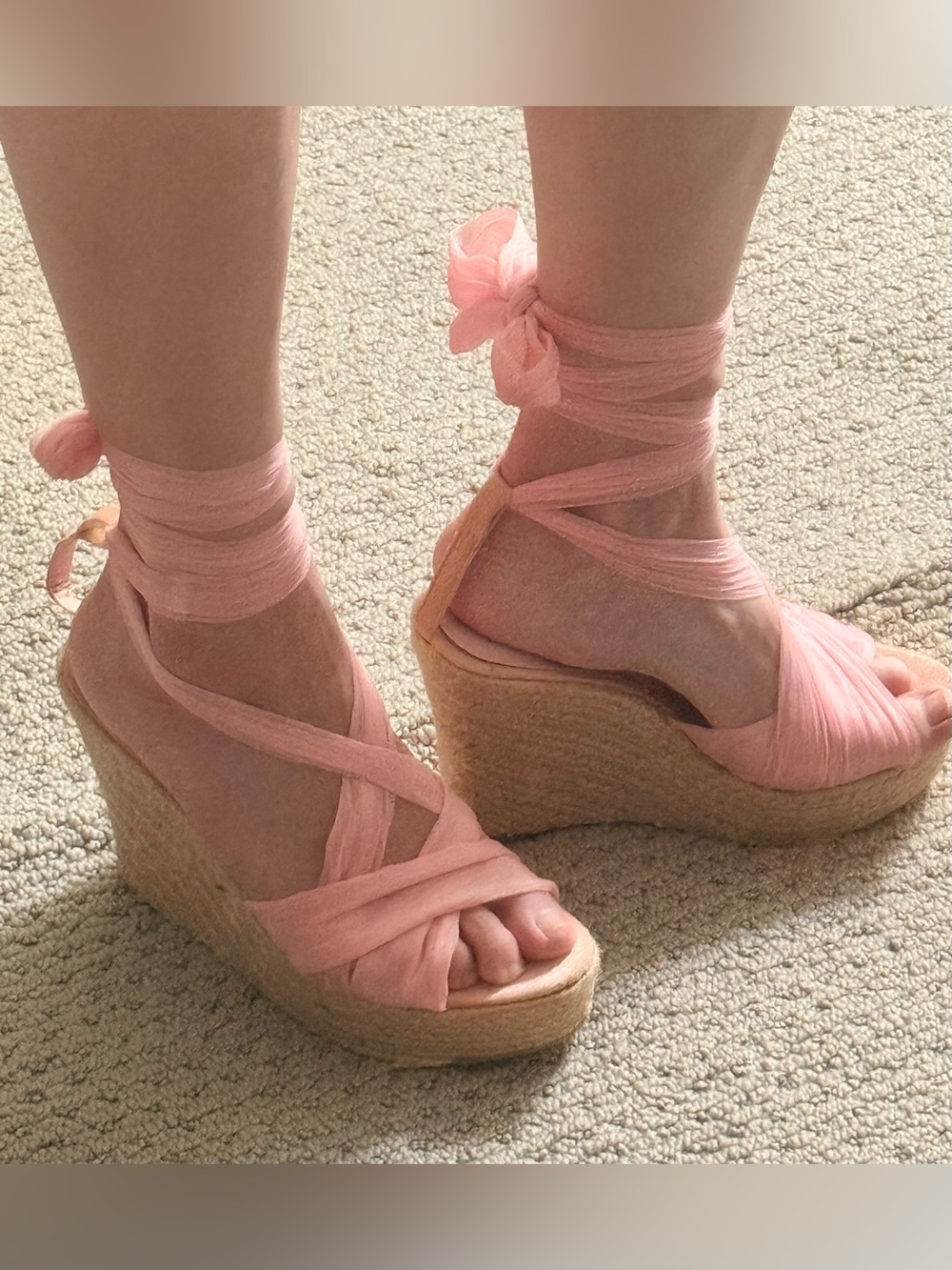 Women's Ballet Pink Wrap Espadrille Wedge Sandals